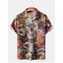 Men's Creative Flower Skull Short Sleeve Polo Shirt