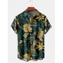 Men's Hawaiian Monstera Gold Green Short Sleeve Shirt