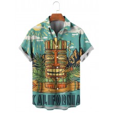 Men's Casual Vacation Tiki Mask Surf Picture Print Short Sleeve Shirt